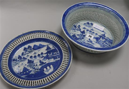 A 19th century Chinese blue and white basket and stand